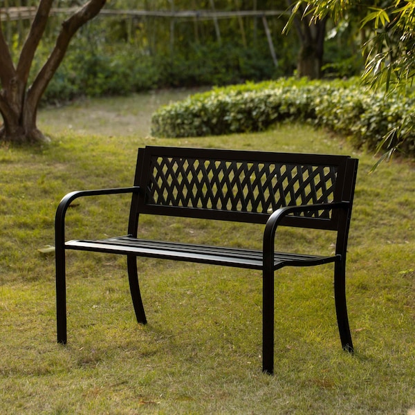 Gardenised Outdoor Steel 47 Park Bench For Yard, Patio, Garden And Deck, Black Weather Resistant Porch Bench, Park Seating